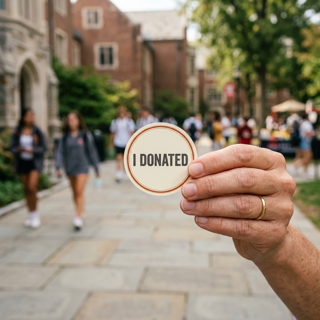 A hand holding an 'I Donated' sticker on a university campus